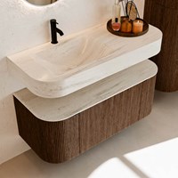 THOR-DLUX 110cm meubles de salle de bains courbe gauche + droite couleur Walnut avec 1 tiroir et 2 portes. Lavabo suspendu CLOUD Gauche 1 trou pour robinetter couleur Meli.-2