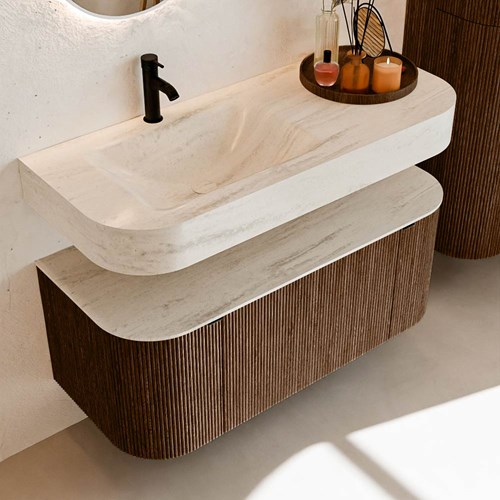 THOR-DLUX 110cm meubles de salle de bains courbe gauche + droite couleur Walnut avec 1 tiroir et 2 portes. Lavabo suspendu CLOUD Gauche 1 trou pour robinetter couleur Meli.-2