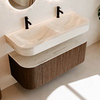 THOR-DLUX 120cm badmeubel ronding links + rechts kleur Walnut met 1 lade en 2 deuren. Vrijhangende wastafel CLOUD Dubbel 2 kraangaten kleur Meli.-2