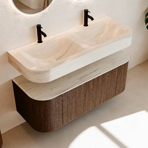 THOR-DLUX 120cm badmeubel ronding links + rechts kleur Walnut met 1 lade en 2 deuren. Vrijhangende wastafel CLOUD Dubbel 2 kraangaten kleur Meli.-2