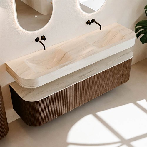 THOR-DLUX 170cm mueble de baño curva izquierda + derecha color Walnut con 1 cajón y 2 puertas. Lavabo suspendido CLOUD Doble sin orificio color Meli.-2