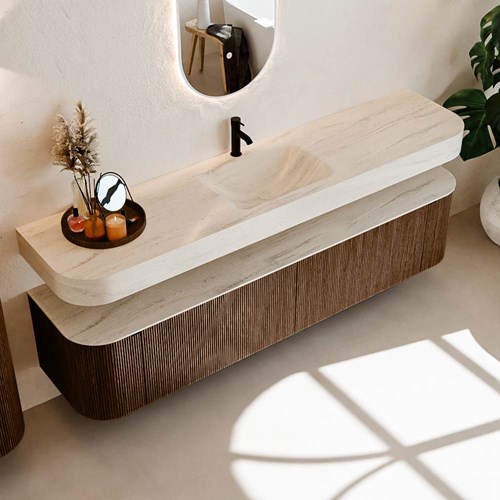 THOR-DLUX 200cm badmeubel ronding links + rechts kleur Walnut met 2 lades en 2 deuren. Vrijhangende wastafel CLOUD Midden 1 kraangat kleur Meli.-2