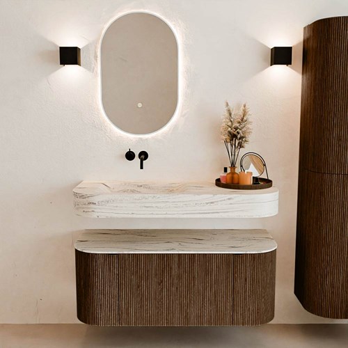 THOR-DLUX 110cm meubles de salle de bains courbe gauche + droite couleur Walnut avec 1 tiroir et 2 portes. Lavabo suspendu CLOUD Gauche sans trou pour robinet couleur Nata.-3