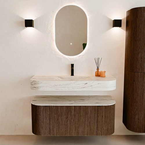 THOR-DLUX 110cm bathroom vanity set curve left + right color Walnut with 1 drawer and 2 doors. Wall mounted sink CLOUD Center 1 tab hole color Nata.-3