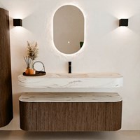 THOR-DLUX 140cm bathroom vanity set curve left + right color Walnut with 1 drawer and 2 doors. Wall mounted sink CLOUD Center 1 tab hole color Nata.-3