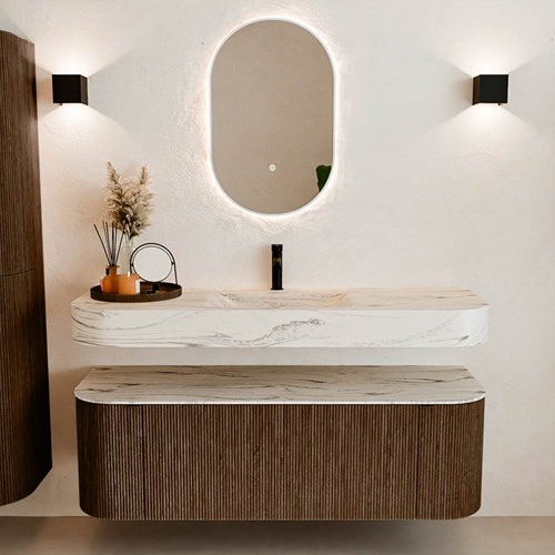 THOR-DLUX 140cm bathroom vanity set curve left + right color Walnut with 1 drawer and 2 doors. Wall mounted sink CLOUD Center 1 tab hole color Nata.-3