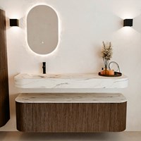 THOR-DLUX 150cm badmöbel kurve links + rechts farbe Walnut mit 1 schublade und 2 türen. Frei hängende waschtisch CLOUD Links 1 hahnloch farbe Nata.-3