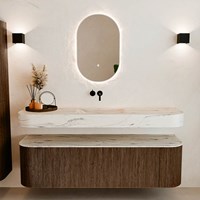 THOR-DLUX 160cm meubles de salle de bains courbe gauche + droite couleur Walnut avec 1 tiroir et 2 portes. Lavabo suspendu CLOUD Centrée sans trou pour robinet couleur Nata.-3