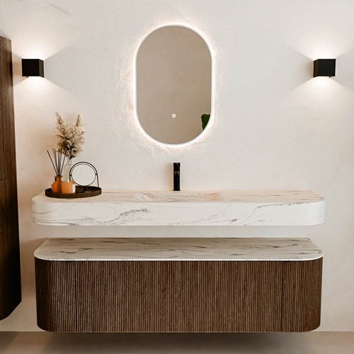 THOR-DLUX 160cm mueble de baño curva izquierda + derecha color Walnut con 1 cajón y 2 puertas. Lavabo suspendido CLOUD Centro 1 orificio color Nata.-3