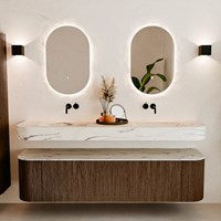 THOR-DLUX 180cm mueble de baño curva izquierda + derecha color Walnut con 2 cajones y 2 puertas. Lavabo suspendido CLOUD Doble sin orificio color Nata.-3