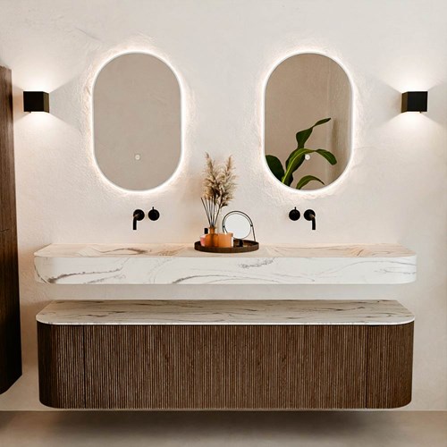 THOR-DLUX 180cm mueble de baño curva izquierda + derecha color Walnut con 2 cajones y 2 puertas. Lavabo suspendido CLOUD Doble sin orificio color Nata.-3
