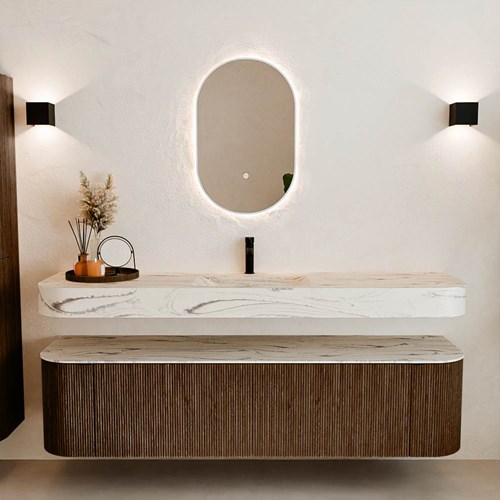 THOR-DLUX 180cm mueble de baño curva izquierda + derecha color Walnut con 2 cajones y 2 puertas. Lavabo suspendido CLOUD Centro 1 orificio color Nata.-3