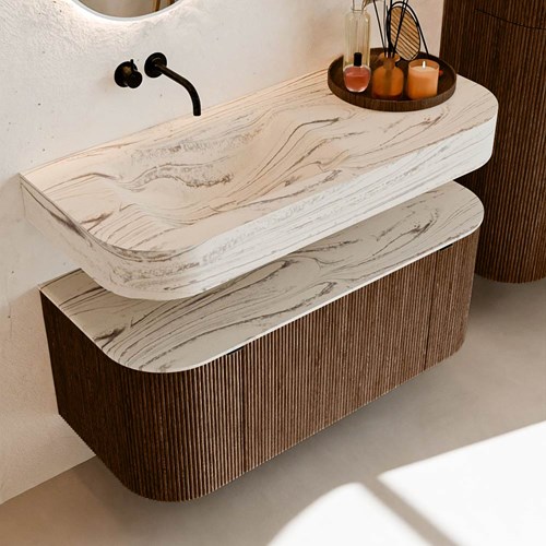 THOR-DLUX 110cm meubles de salle de bains courbe gauche + droite couleur Walnut avec 1 tiroir et 2 portes. Lavabo suspendu CLOUD Gauche sans trou pour robinet couleur Nata.-2
