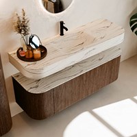 THOR-DLUX 140cm bathroom vanity set curve left + right color Walnut with 1 drawer and 2 doors. Wall mounted sink CLOUD Center 1 tab hole color Nata.-2