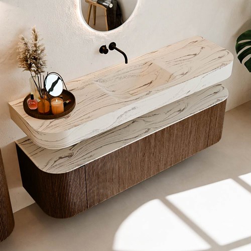 THOR-DLUX 160cm meubles de salle de bains courbe gauche + droite couleur Walnut avec 1 tiroir et 2 portes. Lavabo suspendu CLOUD Centrée sans trou pour robinet couleur Nata.-2