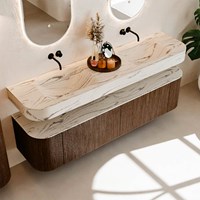 THOR-DLUX 180cm mueble de baño curva izquierda + derecha color Walnut con 2 cajones y 2 puertas. Lavabo suspendido CLOUD Doble sin orificio color Nata.-2