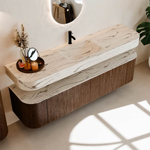 THOR-DLUX 180cm mueble de baño curva izquierda + derecha color Walnut con 2 cajones y 2 puertas. Lavabo suspendido CLOUD Centro 1 orificio color Nata.-2