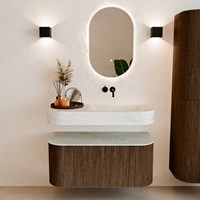 THOR-DLUX 100cm meubles de salle de bains courbe gauche + droite couleur Walnut avec 1 tiroir et 2 portes. Lavabo suspendu CLOUD Droite sans trou pour robinet couleur Opalo.-3