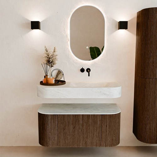 THOR-DLUX 100cm meubles de salle de bains courbe gauche + droite couleur Walnut avec 1 tiroir et 2 portes. Lavabo suspendu CLOUD Droite sans trou pour robinet couleur Opalo.-3
