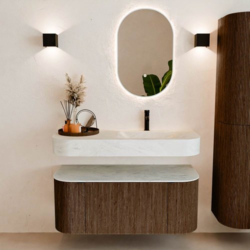 THOR-DLUX 110cm badmeubel ronding links + rechts kleur Walnut met 1 lade en 2 deuren. Vrijhangende wastafel CLOUD Rechts 1 kraangat kleur Opalo.-3