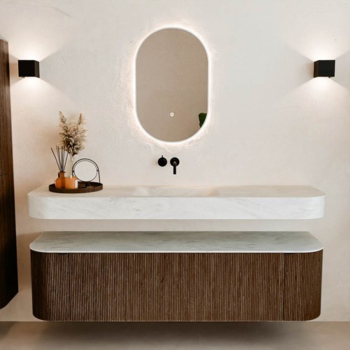 THOR-DLUX 170cm mueble de baño curva izquierda + derecha color Walnut con 1 cajón y 2 puertas. Lavabo suspendido CLOUD Centro sin orificio color Opalo.-3