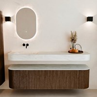 THOR-DLUX 170cm badmeubel ronding links + rechts kleur Walnut met 1 lade en 2 deuren. Vrijhangende wastafel CLOUD Links zonder kraangat kleur Opalo.-3