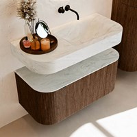 THOR-DLUX 100cm meubles de salle de bains courbe gauche + droite couleur Walnut avec 1 tiroir et 2 portes. Lavabo suspendu CLOUD Droite sans trou pour robinet couleur Opalo.-2