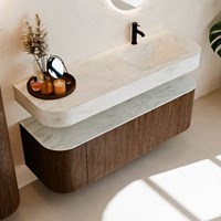 THOR-DLUX 140cm meubles de salle de bains courbe gauche + droite couleur Walnut avec 1 tiroir et 2 portes. Lavabo suspendu CLOUD Droite 1 trou pour robinetter couleur Opalo.-2