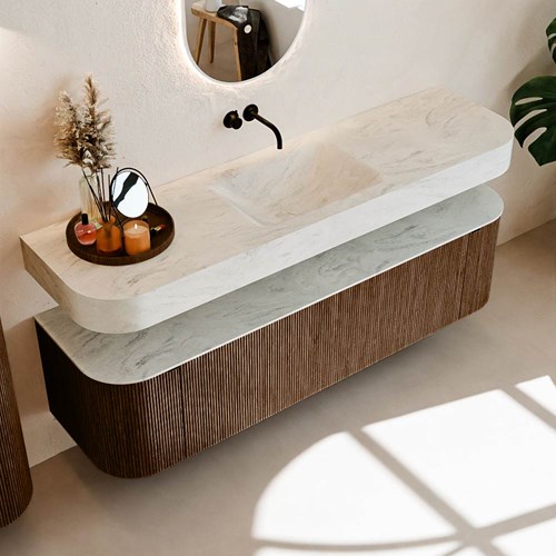 THOR-DLUX 170cm mueble de baño curva izquierda + derecha color Walnut con 1 cajón y 2 puertas. Lavabo suspendido CLOUD Centro sin orificio color Opalo.-2