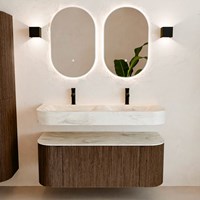 THOR-DLUX 120cm meubles de salle de bains courbe gauche + droite couleur Walnut avec 1 tiroir et 2 portes. Lavabo suspendu CLOUD Double 2 trous robinetterie couleur Ostra.-3