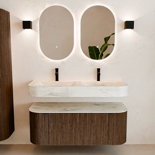 THOR-DLUX 120cm meubles de salle de bains courbe gauche + droite couleur Walnut avec 1 tiroir et 2 portes. Lavabo suspendu CLOUD Double 2 trous robinetterie couleur Ostra.-3