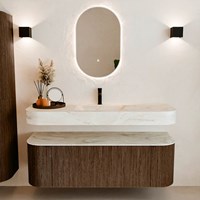 THOR-DLUX 140cm mueble de baño curva izquierda + derecha color Walnut con 1 cajón y 2 puertas. Lavabo suspendido CLOUD Centro 1 orificio color Ostra.-3
