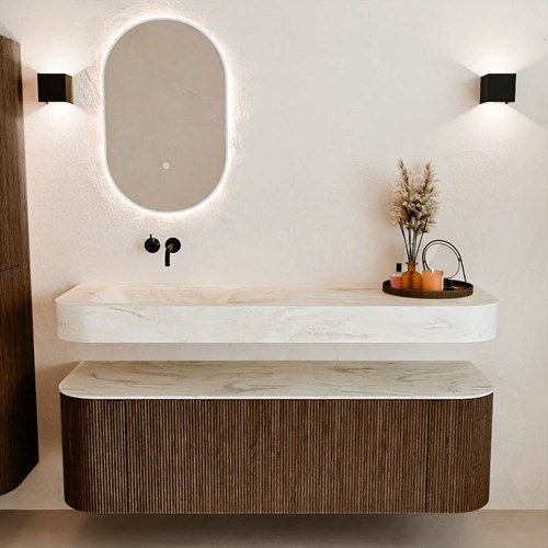 THOR-DLUX 150cm badmeubel ronding links + rechts kleur Walnut met 1 lade en 2 deuren. Vrijhangende wastafel CLOUD Links zonder kraangat kleur Ostra.-3