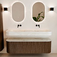 THOR-DLUX 150cm mueble de baño curva izquierda + derecha color Walnut con 1 cajón y 2 puertas. Lavabo suspendido CLOUD Doble sin orificio color Ostra.-3