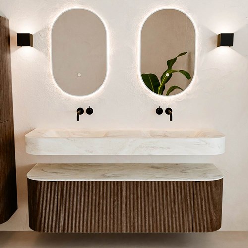 THOR-DLUX 150cm mueble de baño curva izquierda + derecha color Walnut con 1 cajón y 2 puertas. Lavabo suspendido CLOUD Doble sin orificio color Ostra.-3