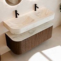 THOR-DLUX 120cm meubles de salle de bains courbe gauche + droite couleur Walnut avec 1 tiroir et 2 portes. Lavabo suspendu CLOUD Double 2 trous robinetterie couleur Ostra.-2