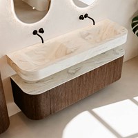 THOR-DLUX 150cm mueble de baño curva izquierda + derecha color Walnut con 1 cajón y 2 puertas. Lavabo suspendido CLOUD Doble sin orificio color Ostra.-2