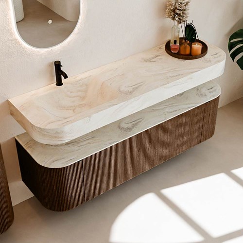 THOR-DLUX 160cm badmöbel kurve links + rechts farbe Walnut mit 1 schublade und 2 türen. Frei hängende waschtisch CLOUD Links 1 hahnloch farbe Ostra.-2