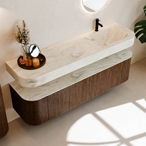 THOR-DLUX 170cm bathroom vanity set curve left + right color Walnut with 1 drawer and 2 doors. Floating sink CLOUD Right 1 tab hole color Ostra.-2