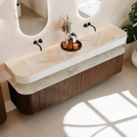 THOR-DLUX 200cm badmeubel ronding links + rechts kleur Walnut met 2 lades en 2 deuren. Vrijhangende wastafel CLOUD Dubbel zonder kraangat kleur Ostra.-2