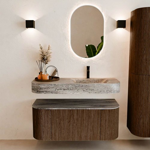 THOR-DLUX 110cm meubles de salle de bains courbe gauche + droite couleur Walnut avec 1 tiroir et 2 portes. Lavabo suspendu CLOUD Droite 1 trou pour robinetter couleur Oza.-3