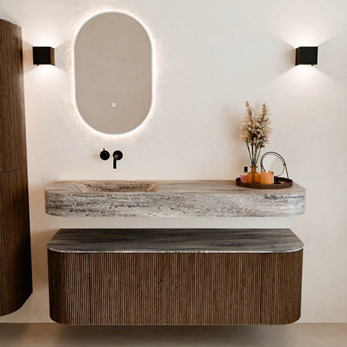 THOR-DLUX 140cm bathroom vanity set curve left + right color Walnut with 1 drawer and 2 doors. Wall mounted sink CLOUD Left without tab hole color Oza.-3