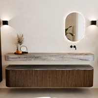 THOR-DLUX 200cm meubles de salle de bains courbe gauche + droite couleur Walnut avec 2 tiroirs et 2 portes. Lavabo suspendu CLOUD Droite sans trou pour robinet couleur Oza.-3