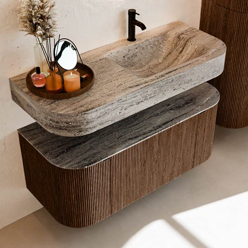 THOR-DLUX 110cm meubles de salle de bains courbe gauche + droite couleur Walnut avec 1 tiroir et 2 portes. Lavabo suspendu CLOUD Droite 1 trou pour robinetter couleur Oza.-2