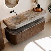 THOR-DLUX 140cm bathroom vanity set curve left + right color Walnut with 1 drawer and 2 doors. Wall mounted sink CLOUD Left without tab hole color Oza.-2