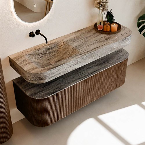 THOR-DLUX 140cm badmeubel ronding links + rechts kleur Walnut met 1 lade en 2 deuren. Vrijhangende wastafel CLOUD Links zonder kraangat kleur Oza.-2