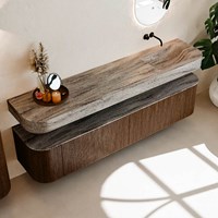 THOR-DLUX 200cm meubles de salle de bains courbe gauche + droite couleur Walnut avec 2 tiroirs et 2 portes. Lavabo suspendu CLOUD Droite sans trou pour robinet couleur Oza.-2