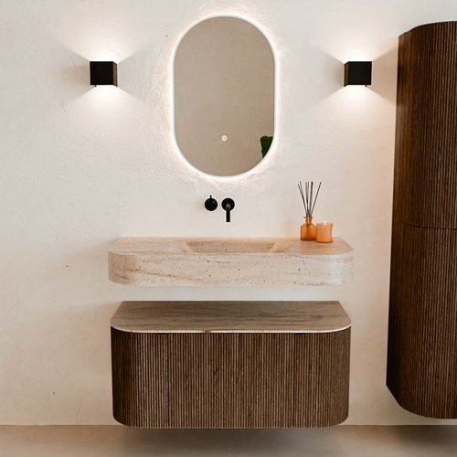THOR-DLUX 100cm badmeubel ronding links + rechts kleur Walnut met 1 lade en 2 deuren. Vrijhangende wastafel CLOUD Midden zonder kraangat kleur Saba.-3