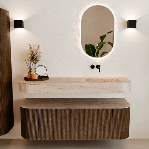 THOR-DLUX 140cm mueble de baño curva izquierda + derecha color Walnut con 1 cajón y 2 puertas. Lavabo suspendido CLOUD Derecho sin orificio color Saba.-3