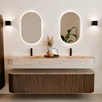 THOR-DLUX 180cm badmeubel ronding links + rechts kleur Walnut met 2 lades en 2 deuren. Vrijhangende wastafel CLOUD Dubbel 2 kraangaten kleur Saba.-3